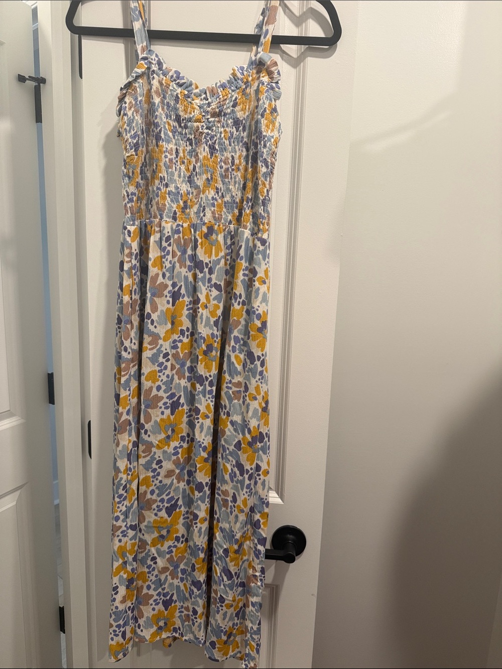 Floral Smocked Midi Dress with Spaghetti Straps - Yellow & Blue